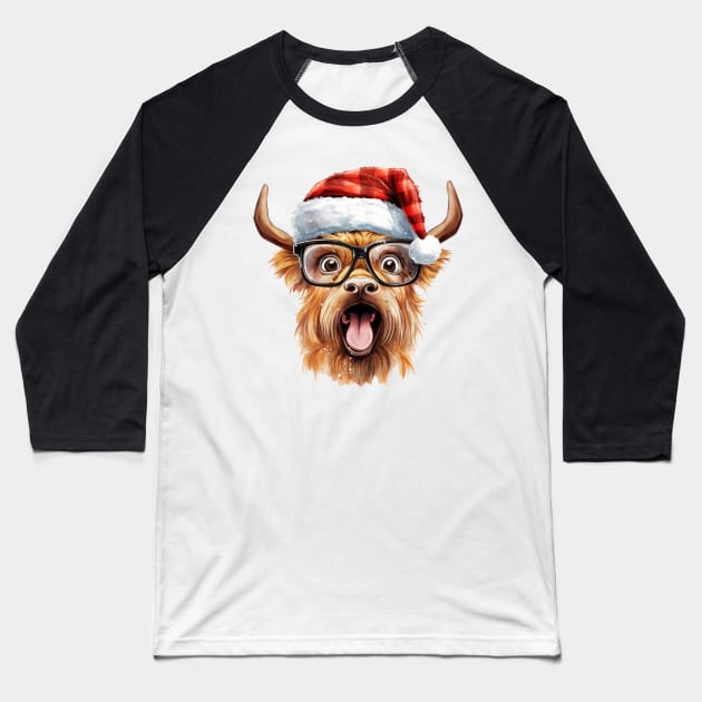 Funny Christmas Highland Cow Face Baseball T-Shirt by Chromatic Fusion Studio